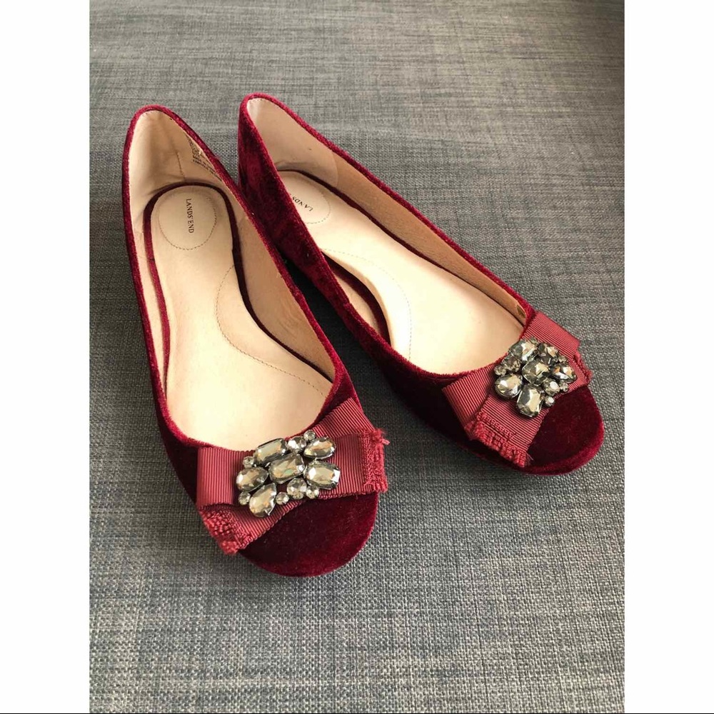 Lands End Red Velvet Flats with Jeweled Bows